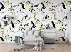 Tapet Personalizat Epoca Dinozaurilor cu dinozauri verzi si negri in stil pattern - DINOSAURUS PATTERN