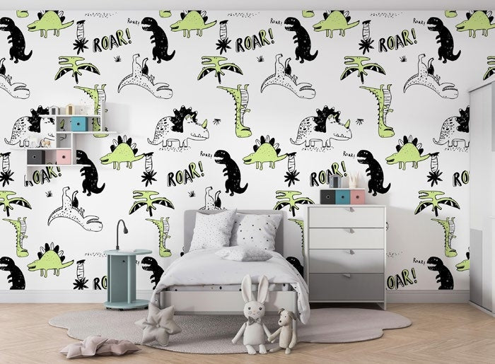 Tapet Personalizat Epoca Dinozaurilor cu dinozauri verzi si negri in stil pattern - DINOSAURUS PATTERN
