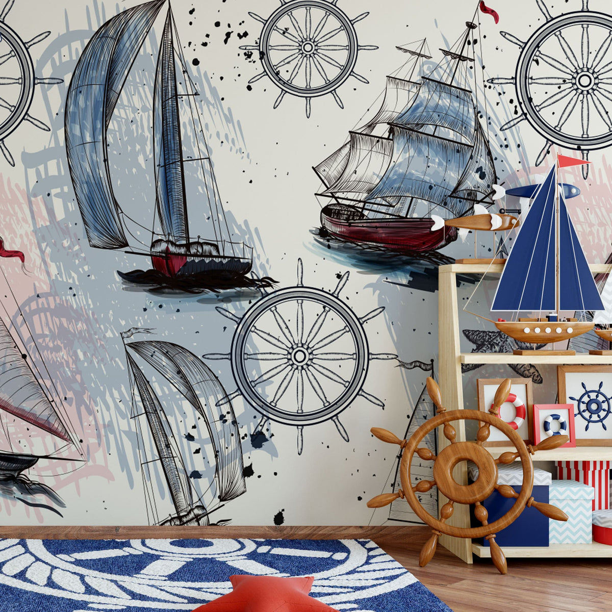 Tapet personalizat micii exploratori pentru copii cu model maritim barci carme ancore si stele de mare sail boats