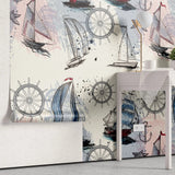 Tapet personalizat micii exploratori pentru copii cu model maritim barci carme ancore si stele de mare sail boats