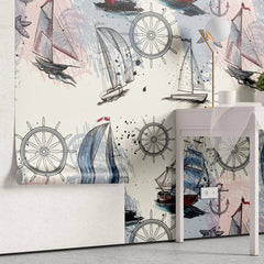 Tapet personalizat micii exploratori pentru copii cu model maritim barci carme ancore si stele de mare sail boats