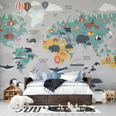 Tapet personalizat micii exploratori pentru copii cu harta lumii a animalelor animal's map