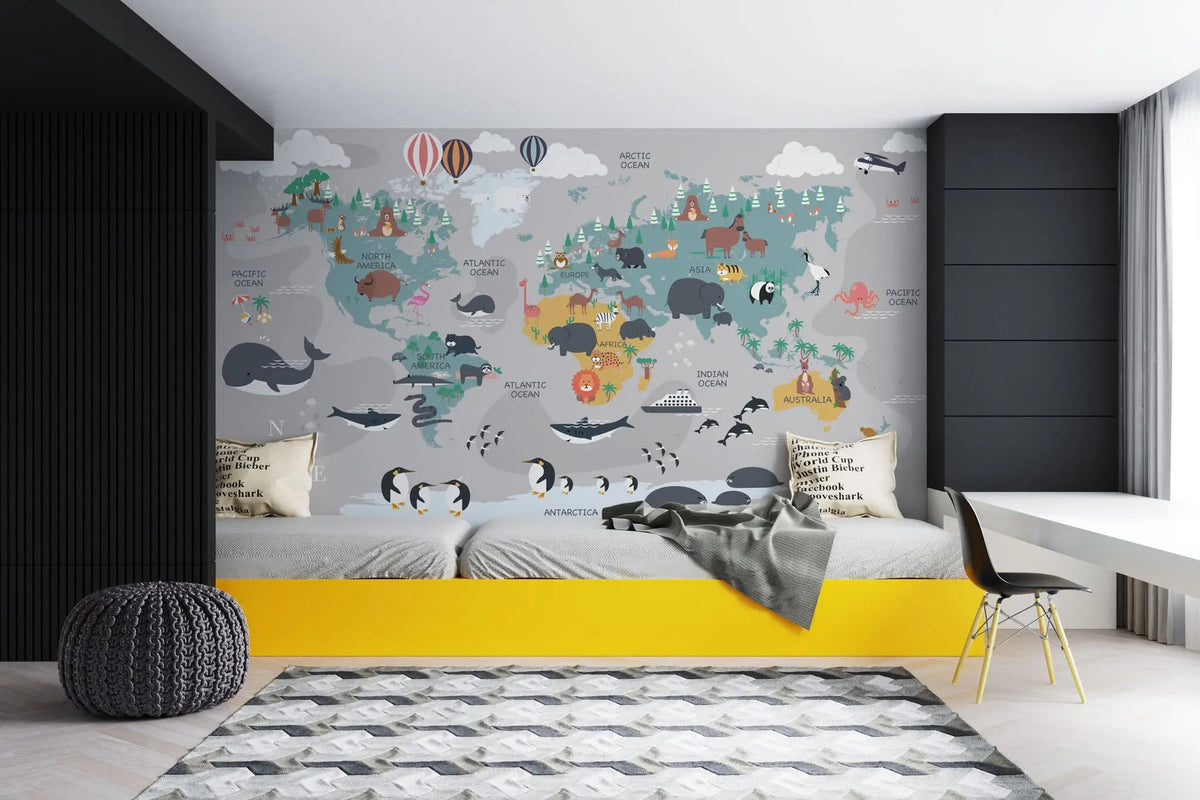 Tapet personalizat micii exploratori pentru copii cu harta lumii a animalelor animal's map