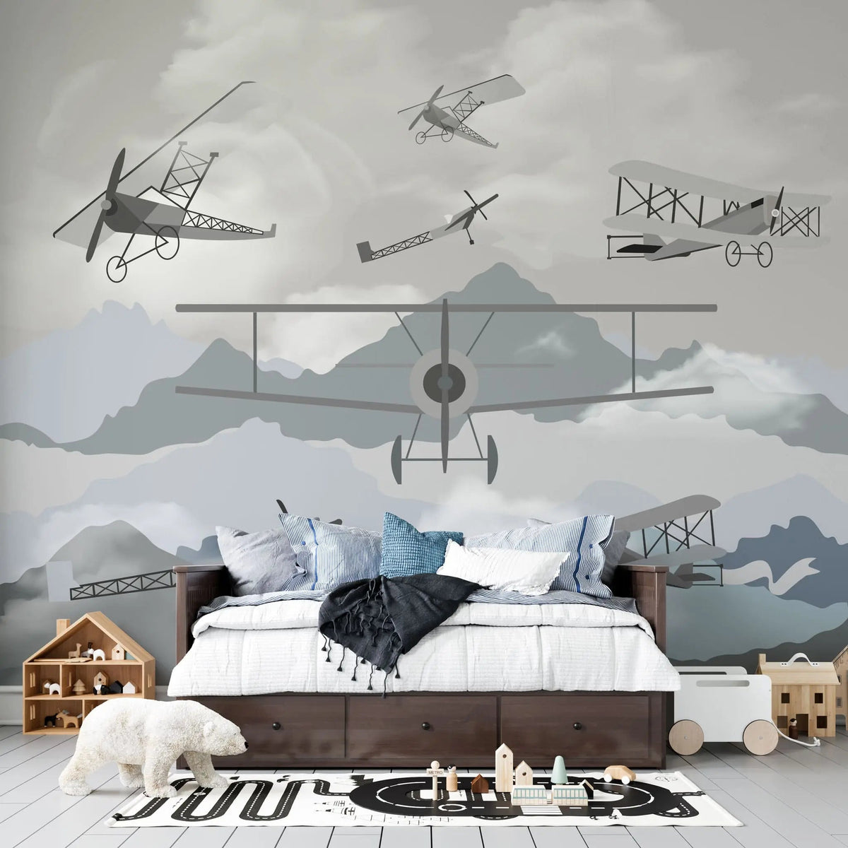 Tapet personalizat micii exploratori pentru copii cu avioane zburand peste munti mountain gliders