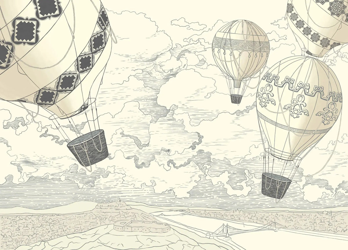 Tapet personalizat micii exploratori pentru copii cu baloane cu aer cald air baloons sketch