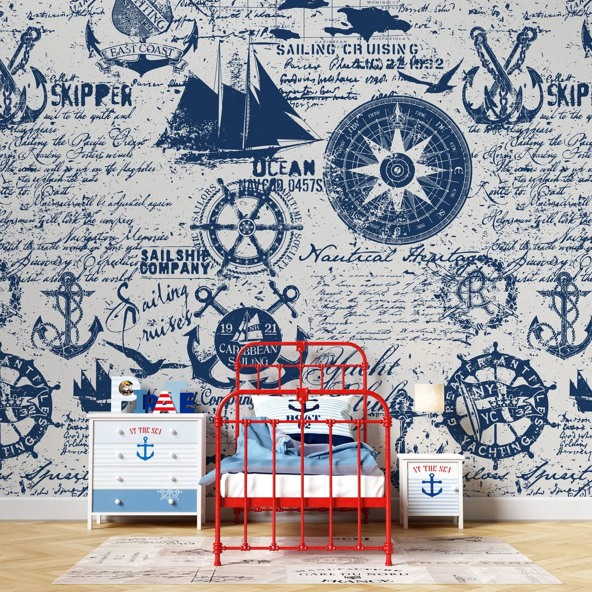 Tapet personalizat micii exploratori pentru copii cu elemente maritime barci ancore carme si busole caribbean sailing
