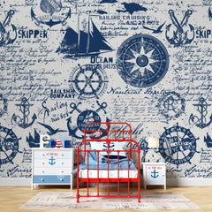 Tapet personalizat micii exploratori pentru copii cu elemente maritime barci ancore carme si busole caribbean sailing