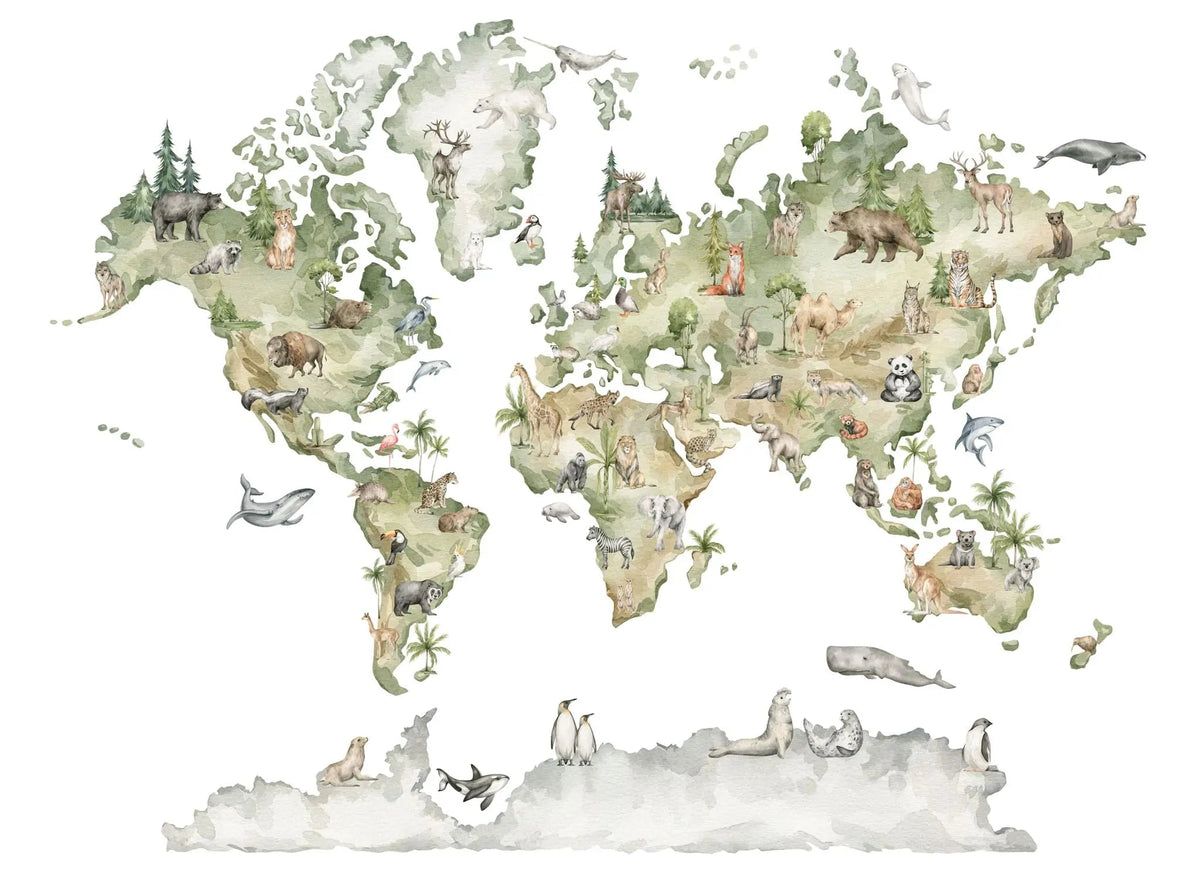 Tapet personalizat micii exploratori pentru copii cu harta lumii pe cu flora si fauna continentelor zoo map