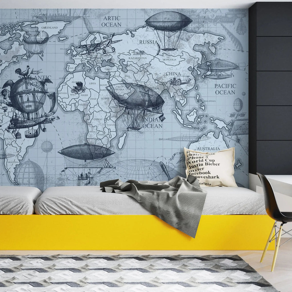 Tapet personalizat micii exploratori pentru copii cu harta lumii si diverse aparate de zbor printre care avioane si zeppelin zeppelin