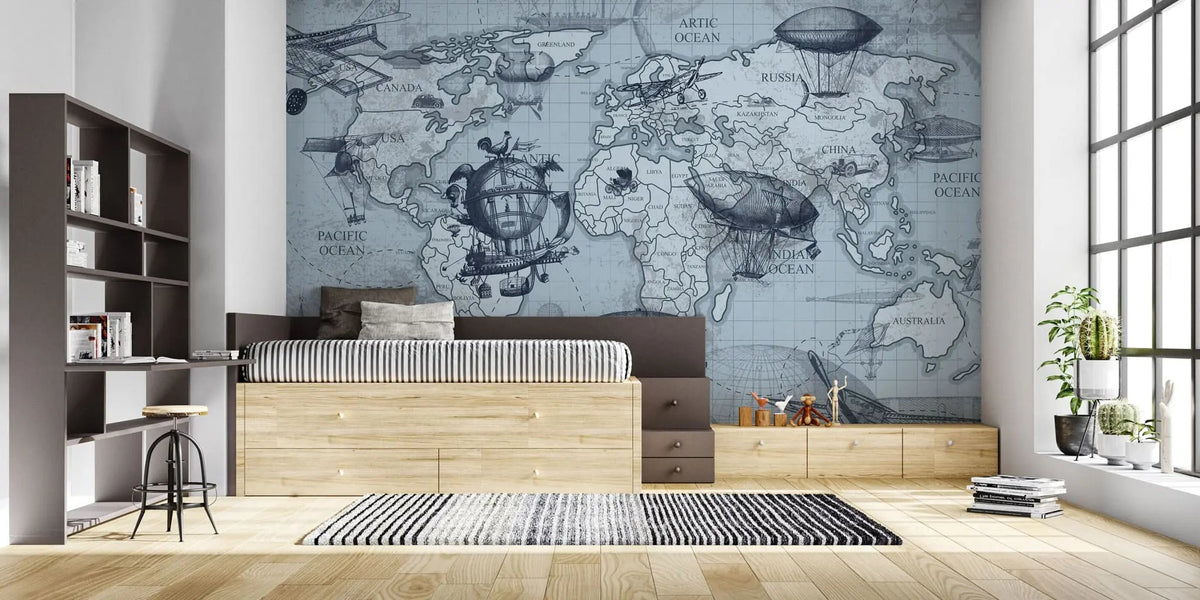 Tapet personalizat micii exploratori pentru copii cu harta lumii si diverse aparate de zbor printre care avioane si zeppelin zeppelin