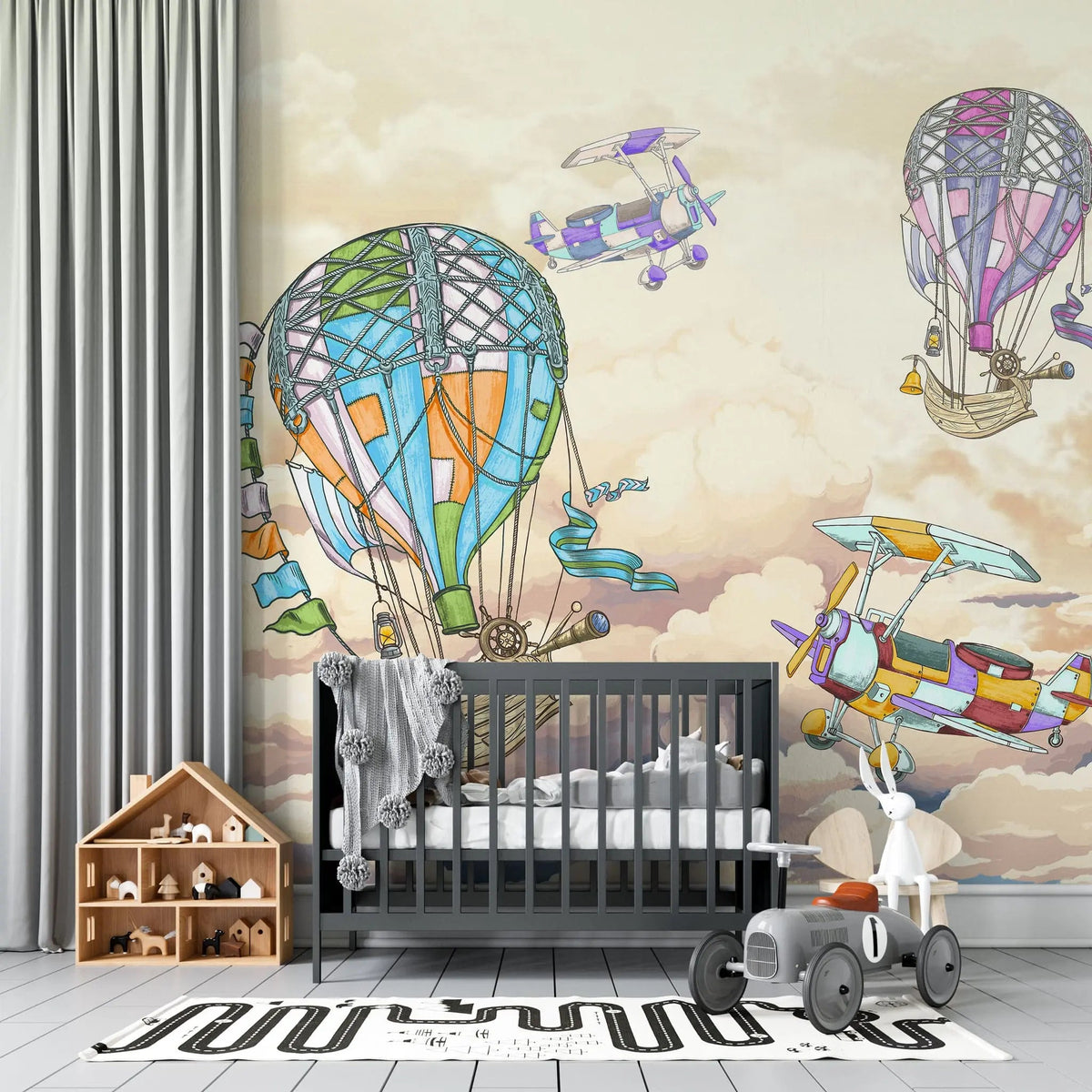Tapet personalizat micii exploratori pentru copii cu barcute colorate zburatoare peste marea albastra flying pirates