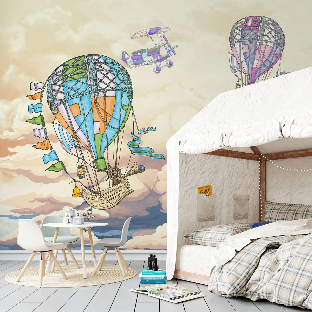 Tapet personalizat micii exploratori pentru copii cu barcute colorate zburatoare peste marea albastra flying pirates