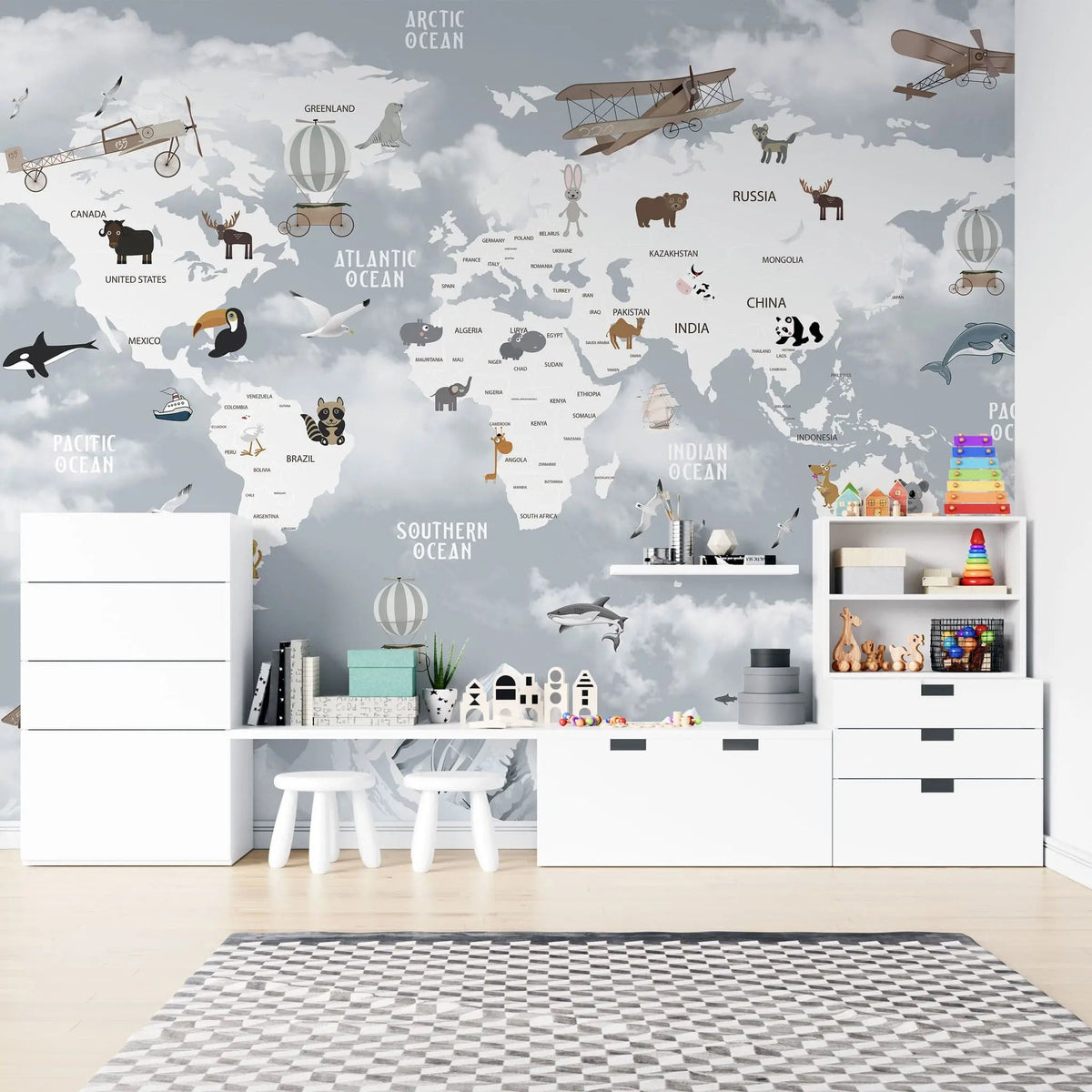 Tapet personalizat micii exploratori pentru copii cu harta lumii pe tari avioane si animale specifice zonei countries