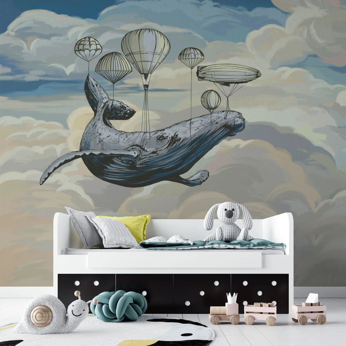 Tapet personalizat micii exploratori pentru copii cu o balena zburand printre nori cu ajutorul baloanelor cu aer flying whale