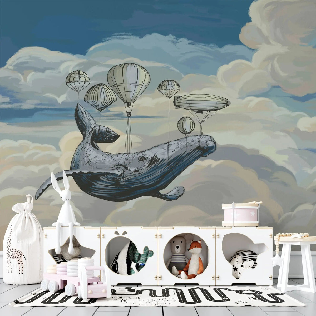 Tapet personalizat micii exploratori pentru copii cu o balena zburand printre nori cu ajutorul baloanelor cu aer flying whale