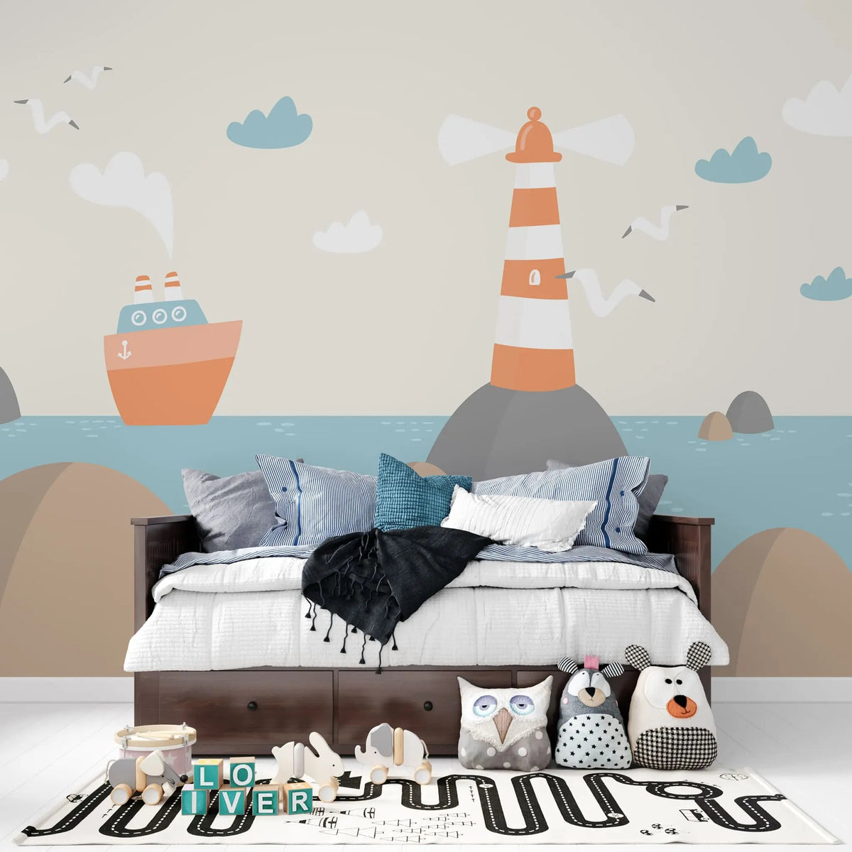Tapet personalizat micii exploratori pentru copii cu pescarusifar si vapoare pe mare lighthouse