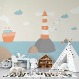 Tapet personalizat micii exploratori pentru copii cu pescarusifar si vapoare pe mare lighthouse