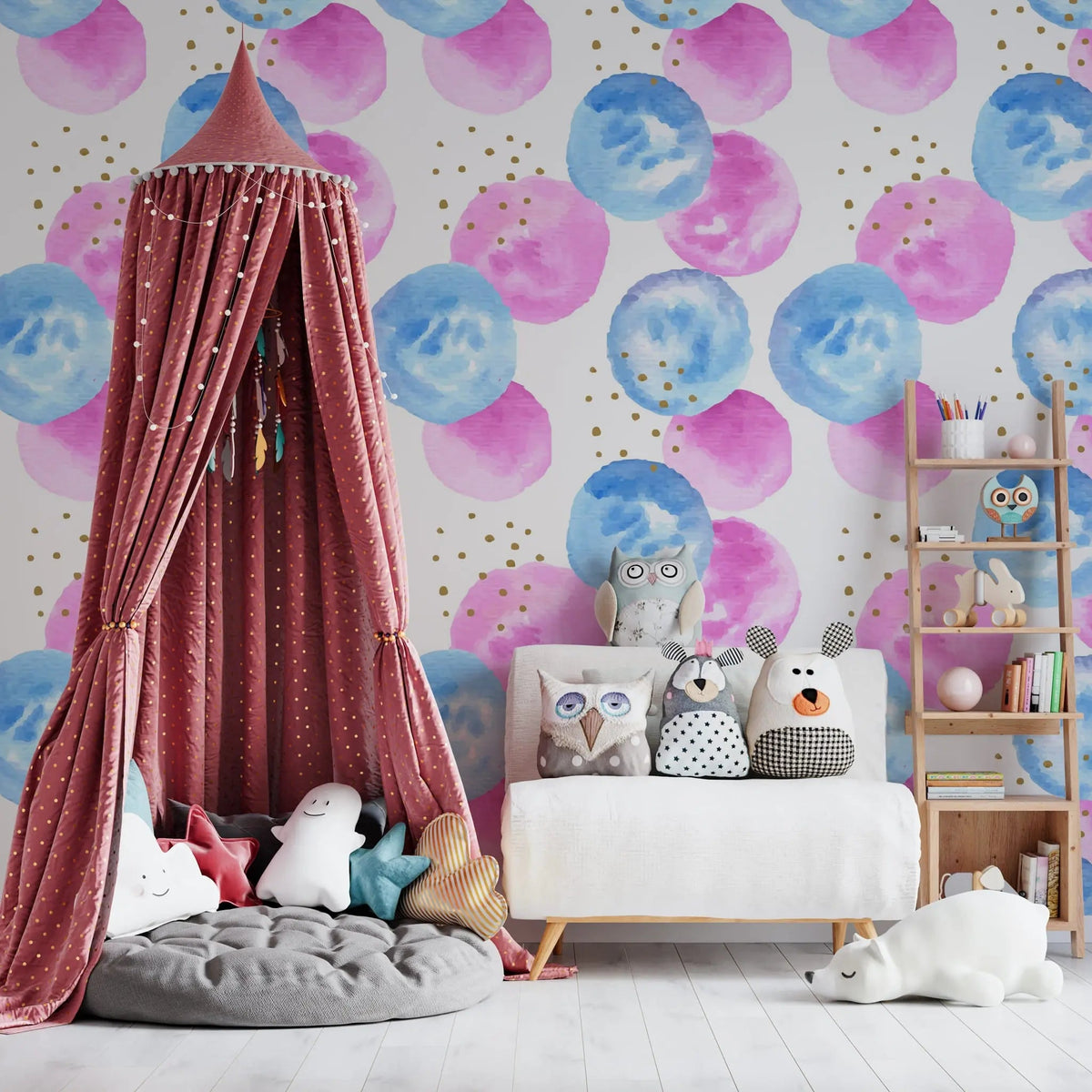 Tapet personalizat inspiratie scandinava pentru copii cu buline roz si albastru watercolor dots