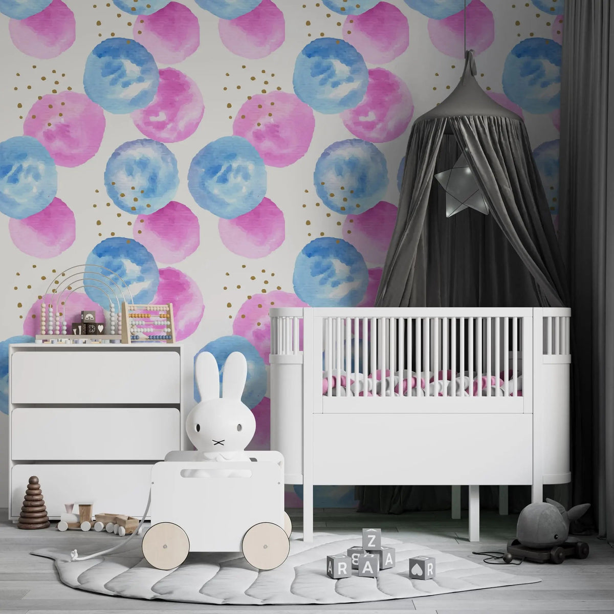 Tapet personalizat inspiratie scandinava pentru copii cu buline roz si albastru watercolor dots