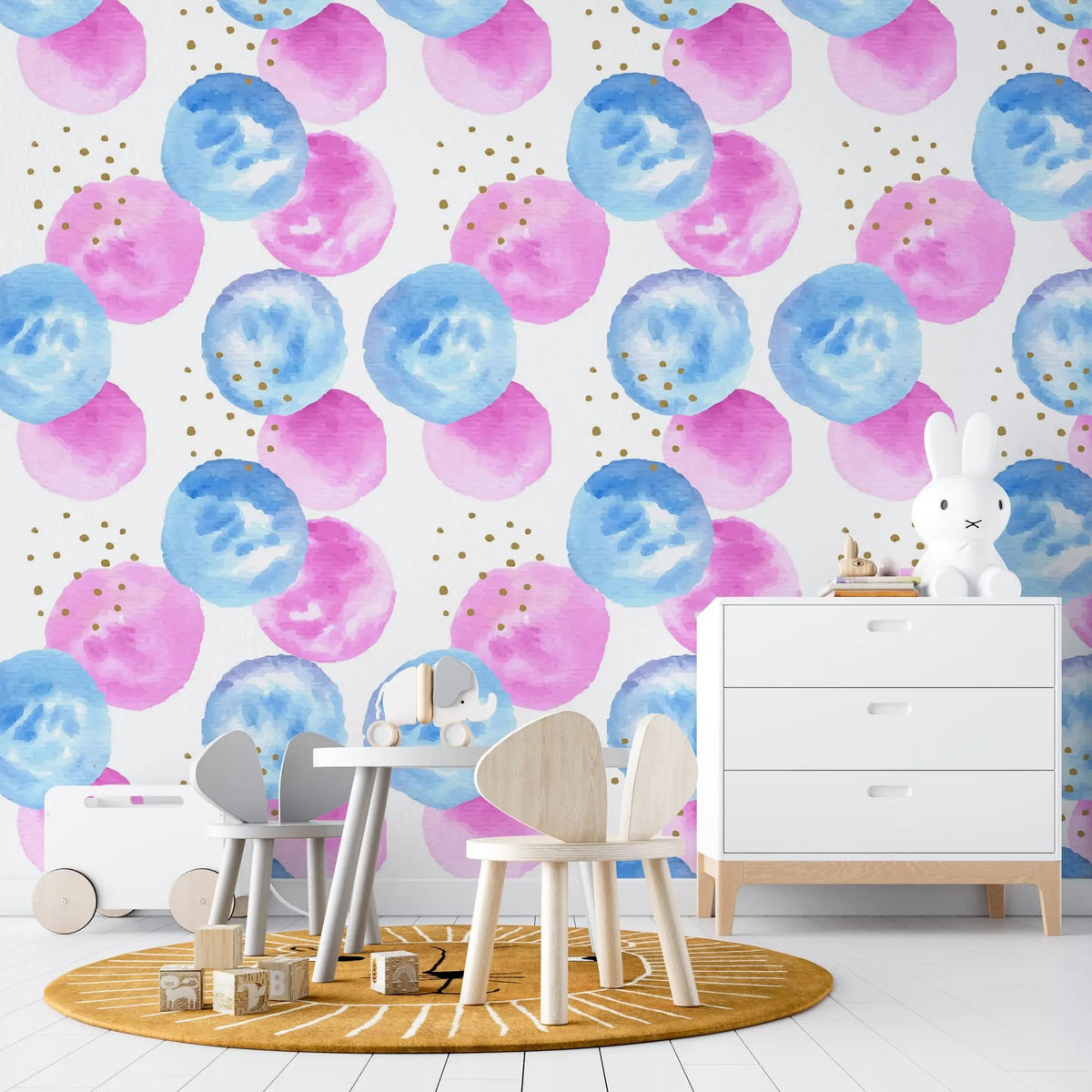 Tapet personalizat inspiratie scandinava pentru copii cu buline roz si albastru watercolor dots
