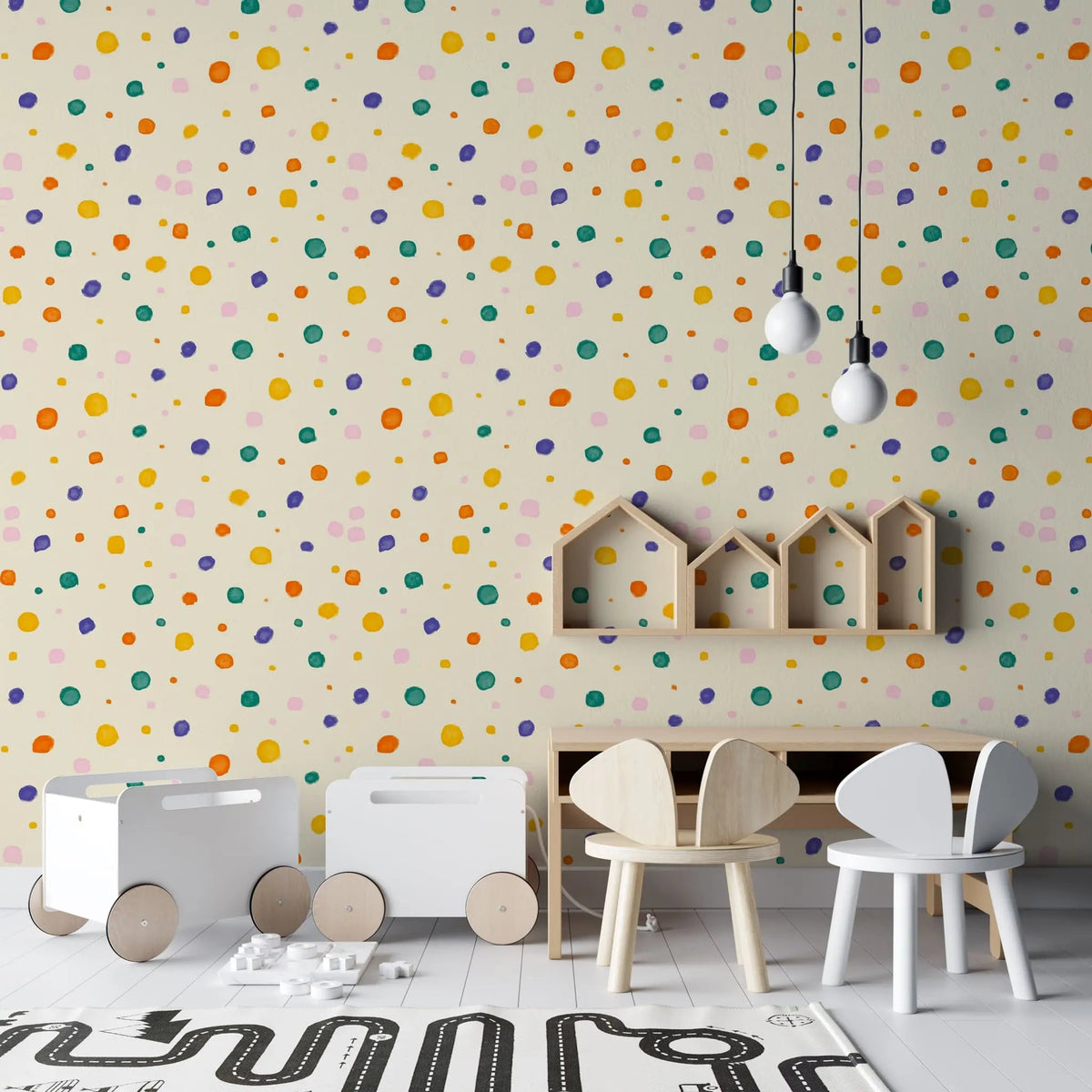Tapet personalizat inspiratie scandinava pentru copii cu buline multicolore pe fundal galben dots