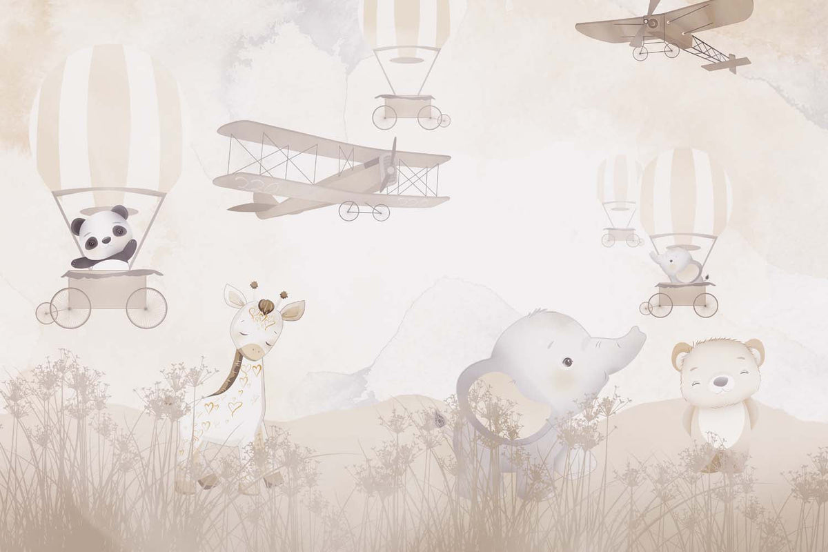 Tapet Personalizat Micii Exploratori cu animale, baloane si avioane prin vegetatia montana in nuante de bej - BEIGE MOUNTAIN EXPLORATION