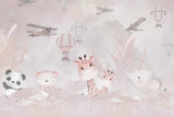 Tapet Personalizat Micii Exploratori cu animale, baloane cu aer cald si avioane prin vegetatia in nuante de roz - INTO THE PINK WILD