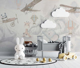 Tapet Personalizat Micii Exploratori cu elefanti in drumetie de munte si avioane gri - THE ELEPHANT HIKE GREY
