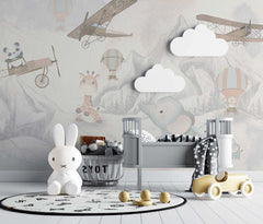 Tapet Personalizat Micii Exploratori cu elefanti in drumetie de munte si avioane gri - THE ELEPHANT HIKE GREY