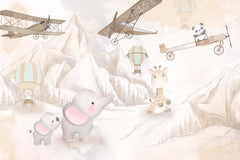 Tapet Personalizat Micii Exploratori cu elefanti in drumetie de munte si avioane bej - THE ELEPHANT HIKE BEIGE