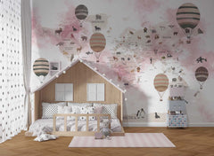 Tapet Personalizat Micii Exploratori cu harta lumii cu animale si baloane si fundal roz - PINK BALLOON MAP