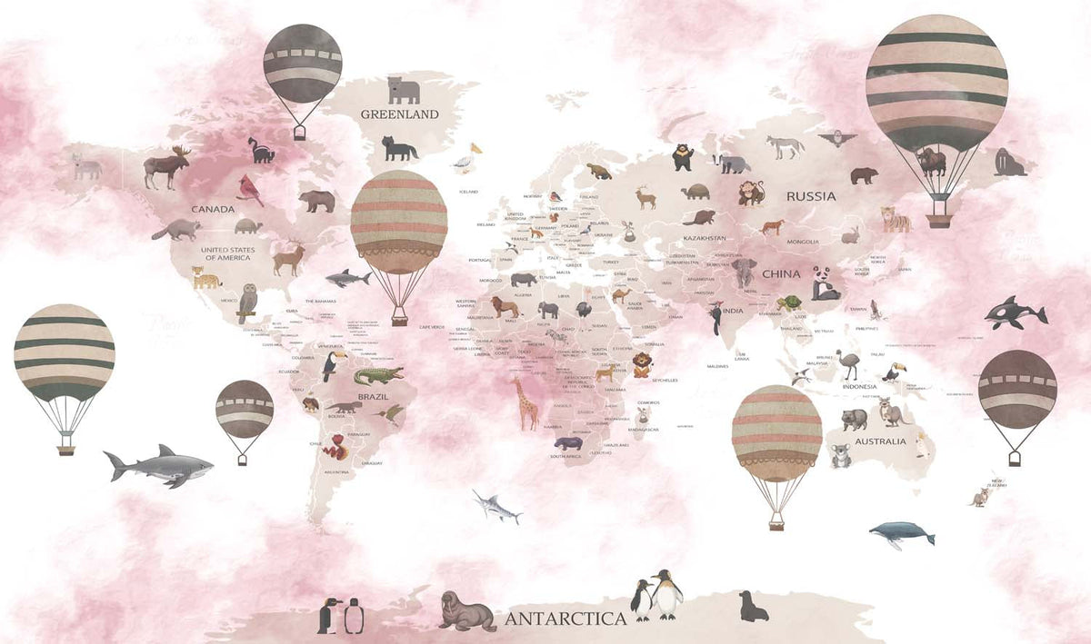 Tapet Personalizat Micii Exploratori cu harta lumii cu animale si baloane si fundal roz - PINK BALLOON MAP