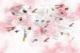Tapet Personalizat Micii Exploratori cu harta lumii a animalelor in nuante de roz - PINK ANIMAL'S MAP