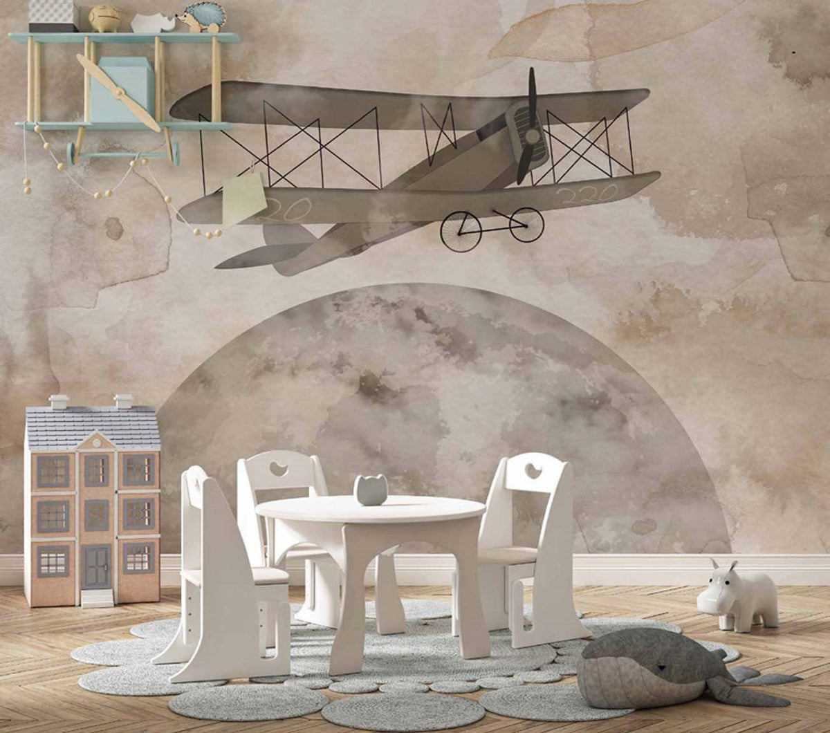 Tapet Personalizat Micii Exploratori cu avion pe luna in nuante de bej si maro in stil watercolor - WATERCOLOR MOON PLANE