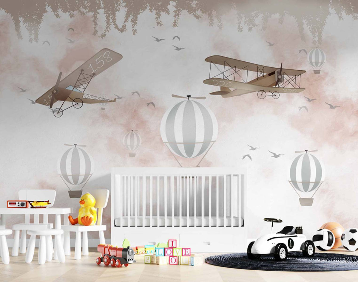 Tapet Personalizat Micii Exploratori cu avioane si baloane pe cerul in nuante de roz - WATERCOLOR PINK SKY