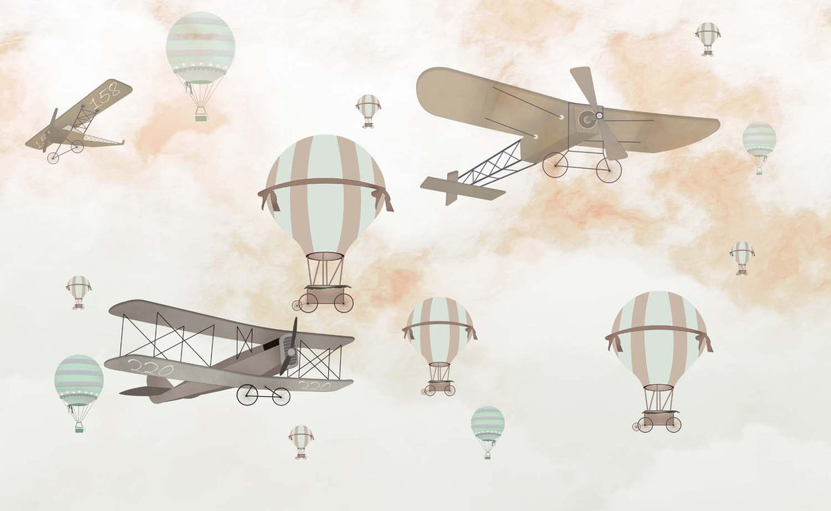 Tapet Personalizat Micii Exploratori cu avioane si baloane pe cerul in nuante de bej - WATERCOLOR BEIGE SKY