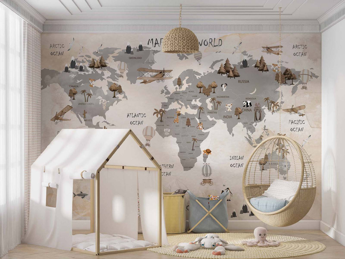Tapet Personalizat Micii Exploratori cu harta lumii pentru copii in nuante de bej si maro - MAP OF THE WORLD BROWN