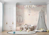 Tapet Personalizat Micii Exploratori cu baloane cu aer cald zburand peste munti in nuante de roz - SOFT PINK MOUNTAINS