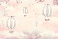 Tapet Personalizat Micii Exploratori cu baloane cu aer cald zburand peste munti in nuante de roz - SOFT PINK MOUNTAINS