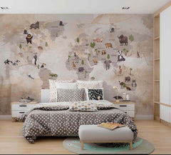 Tapet Personalizat Micii Exploratori cu harta lumii cu animale exotice in stil vintage - EXOTIC WILDLIFE