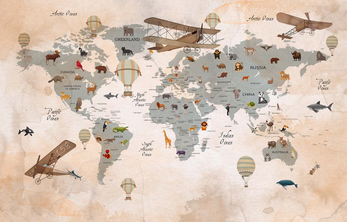 Tapet Personalizat Micii Exploratori cu harta lumii cu animale si avioane in stil vintage - VNTAGE PLANE MAP
