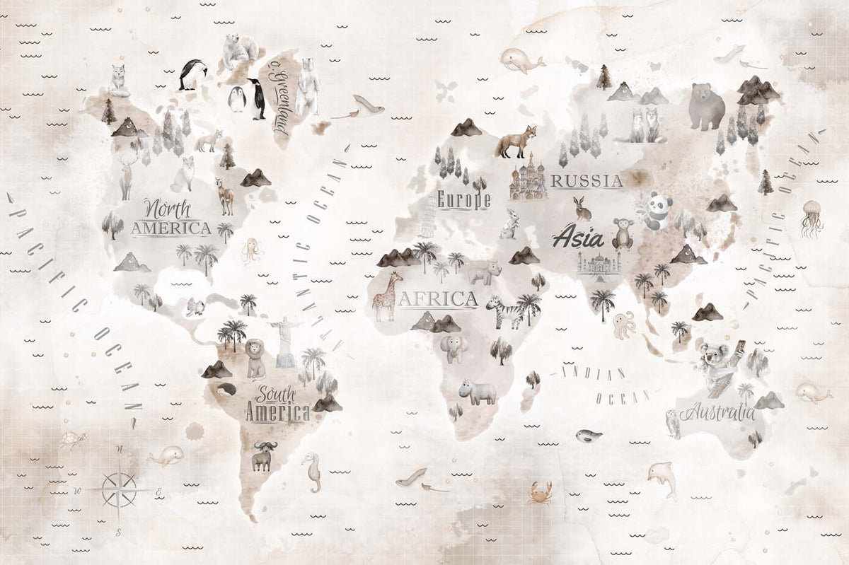 Tapet Personalizat Micii Exploratori cu harta lumii cu animale si palmieri in nuante de alb murdar - WHITE MAP