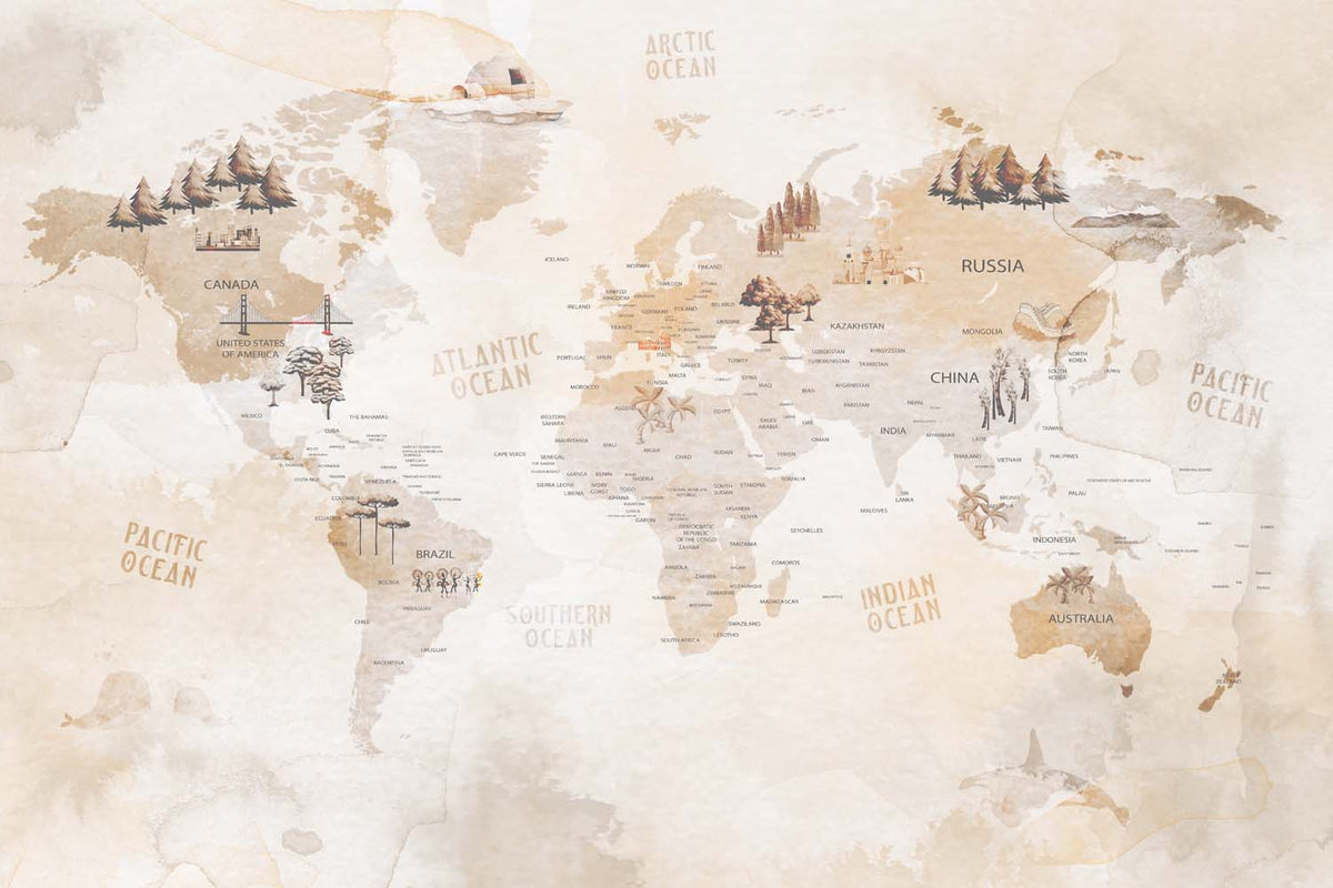 Tapet Personalizat Micii Exploratori cu harta lumii cu vegetatie in nuante de bej sepia - VEGETATION MAP