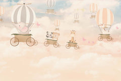 Tapet Personalizat Micii Exploratori cu animale zburand in baloane cu aer cald peste nori crem rozalii - WHEEL BALLOONS FLIGHT