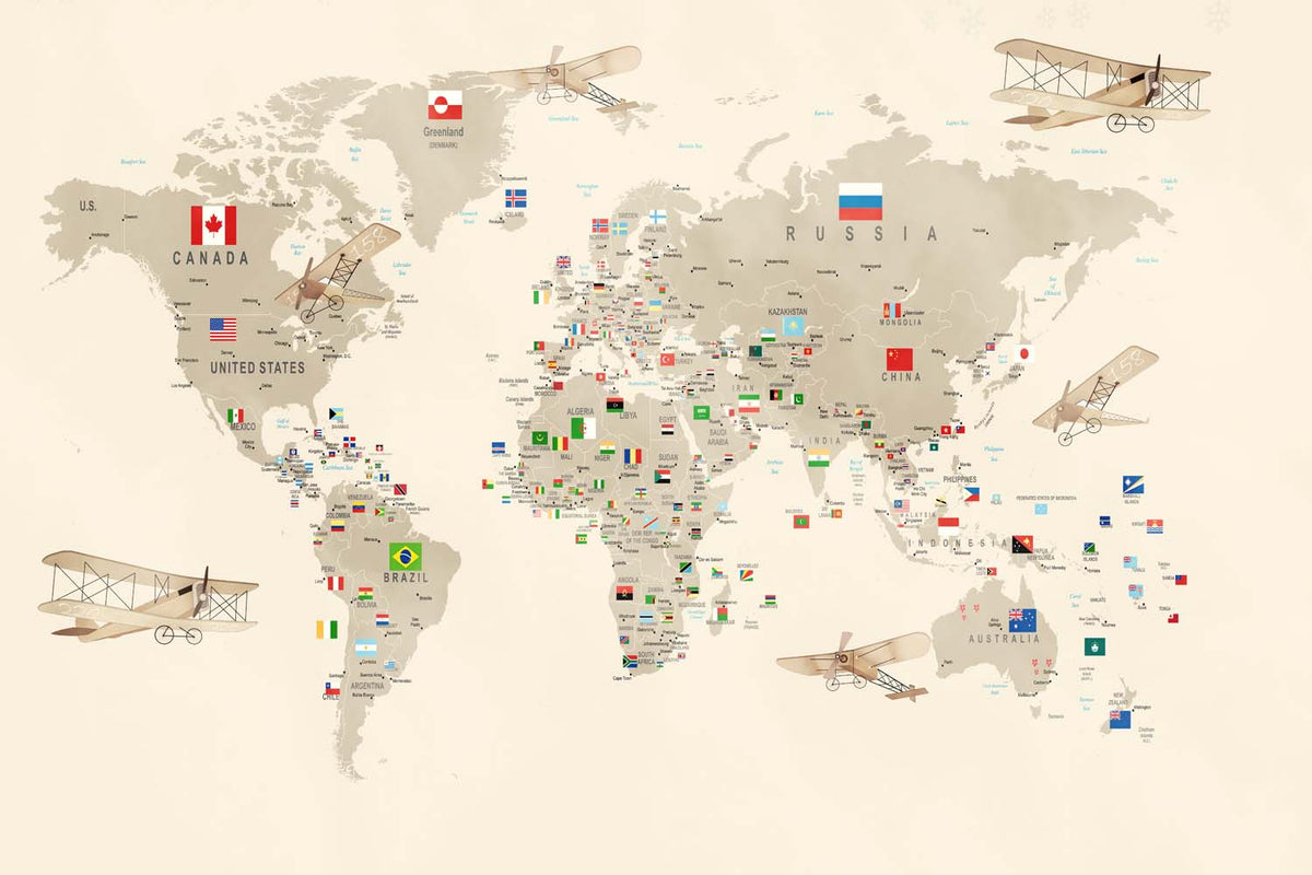 Tapet Personalizat Micii Exploratori cu harta lumii cu steaguri in nuante de bej - ALL FLAGS MAP BEIGE