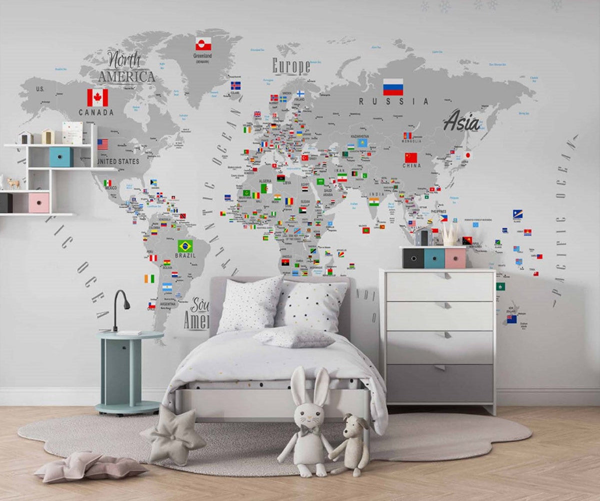Tapet Personalizat Micii Exploratori cu harta lumii cu steaguri in nuante de gri - ALL FLAGS MAP GREY