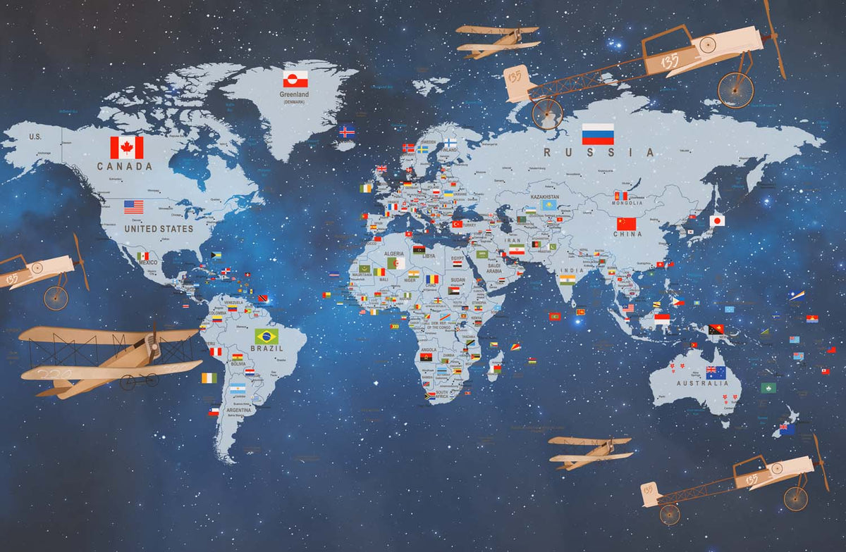 Tapet Personalizat Micii Exploratori cu harta lumii pe fundal spatial - COSMOS MAP