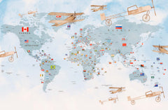 Tapet Personalizat Micii Exploratori cu avioane trecand peste harta lumii cu steaguri - PLANE CROSSING MAP BLUE