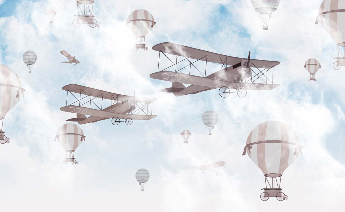 Tapet Personalizat Micii Exploratori cu avioane si baloane cu aer cald pe fundal albastru - BIPLANE & BALLOONS BLUE