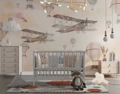 Tapet Personalizat Micii Exploratori cu avioane si baloane cu aer cald pe fundal cream - BIPLANE & BALLOONS CREAM
